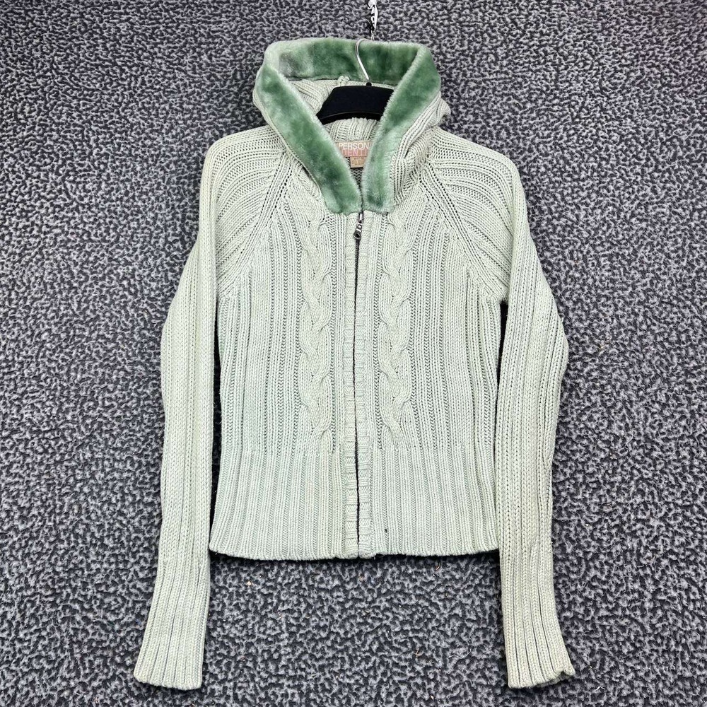 Personal Identity Sweater Girls Medium Green Faux Fur Trim Cable Knit Full Zip